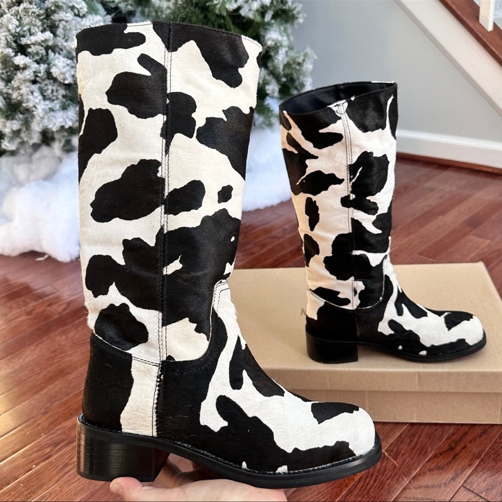 Steve Madden Riggs Real Cow Fur Hide Black and White Heeled Moto Boots